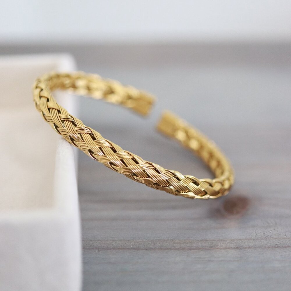 Mesh Braid Style Cuff Bangle Bracelet 18k Gold Plated Stainless Steel High Quali